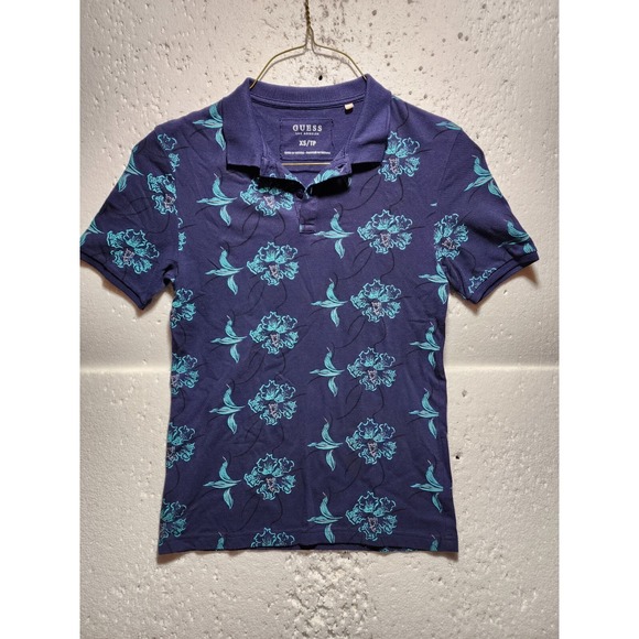 Guess Tops - Guess Top Womens XL Blue Floral Short Sleeve Blouse Tank Collared Quarter Button